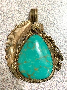 Estate Turquoise Large Teardrop Necklace Pendant with Feather Motif